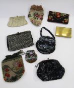 French black sequinned purse, another, embroidered black felt purse, beaded drawstring bag, another,