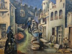 Evadne Rowan  Spanish street scene, signed lower right, mounted in oak frame and glazed, 33cm x 44cm