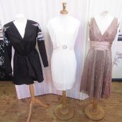 Tadashi Shoji lace, sequin and embroidered cocktail dress in taupe, v neck with three quarter length