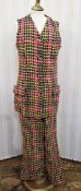 1970's brightly coloured tweed trouser suit, pink blue green with white detail, bellbottom