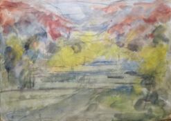 Richard Robbins (1927-2009) Mixed media Abstract landscape, signed lower right, framed and glazed,