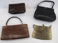 Bass crocodile and gilt metal handbag, blue crocodile clutch bag, brown crocodile handbag, sundry
