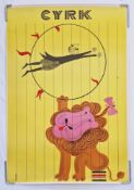 Two vintage Polish Circus 'Cyrk' advertising posters: Lion holding a ring with acrobat jumping