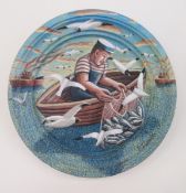 PJ Crook Tinted gesso on wood “Fruits of the Sea”, fisherman bringing in his net, signed on the