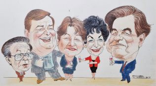 Richard Wilson (20th century) Pen and watercolour Caricature of Rupert Murdoch and Patricia Rowan,