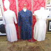 1950's wool shirt dress printed blue black grey abstract pattern, blue button fastening, three