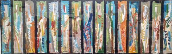 After John Piper (1903-1992) Abstract colour print on textile 15 panels, possibly of figures, on a