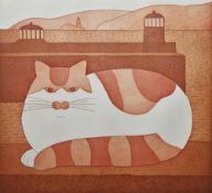 Martin Leman (b.1935) Coloured etching “A Summer Evening in St Ives”, study of a cat beside the sea,