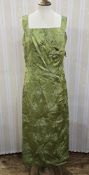 1950's/60's green satin brocade evening dress, ruched detail to the bodice with a bow, broad straps,