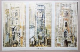 John Piper Triptych print/poster  Three church towers, unsigned, framed and glazed, 58cm x 90cm