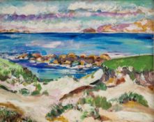 Oil on board Seascape with mountainous background, indistinctly signed lower left, mounted in a