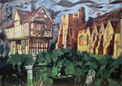 John Piper (1903-1992)  Limited edition lithograph  Church and half-timbered building, artist's