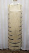 1920's cream satin dress,  embroidered with silver thread and bugle beads, the collar has been