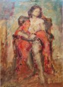 E. Richardson (20th century) Oil on card Woman seated wearing orange nightgown, signed lower left,