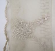 Cream embroidered silk chiffon shawl with key, leaf and floral borders, possibly Indian, cream