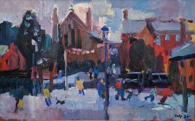 Anthony Hodge (1948-2009)  Oil on board Evening street scene outside a church, signed and
