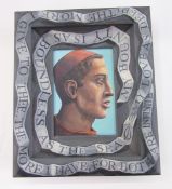 PJ Crook (b.1945) Acrylic on panel Study of Renaissance male head and having motto, 30cm x 25cm