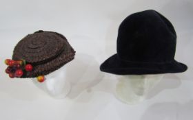 Marion Valle 'An American Girl' brown raffia hat trimmed with artificial cherries, floral trimmed
