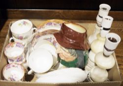 Royal Chelsea floral decorated part tea service, three alabaster lamps, a Royal Doulton 'Uncle Tom