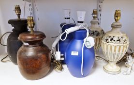 Four contemporary table lamps, comprising: a pair of Vogue Lighting Ltd blue-glazed ceramic