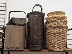 Leatherette fire bucket and a wooden example along with four wicker baskets.