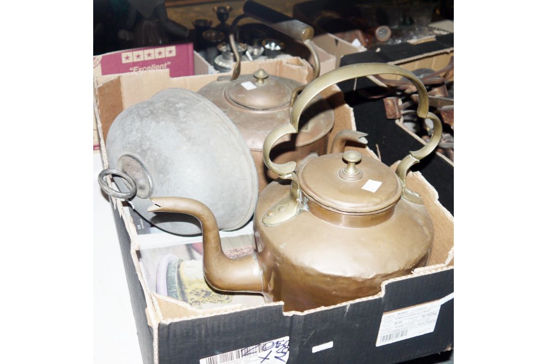 Two large copper kettles, two graduating brass and iron handle saucepans, a small milk churn, two - Image 2 of 2