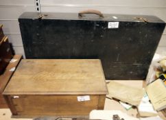 Wooden box containing a quantity of dressmaking patterns along with a tool box containing a small