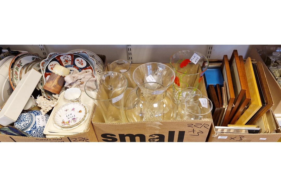Assorted glassware and ceramics to include vases, water jug, various ornaments, model steam