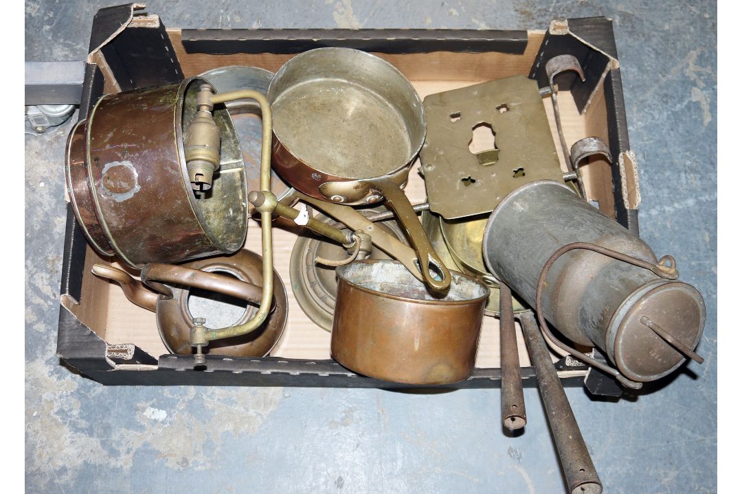 Two large copper kettles, two graduating brass and iron handle saucepans, a small milk churn, two - Image 1 of 2