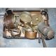 Two large copper kettles, two graduating brass and iron handle saucepans, a small milk churn, two - Image 1 of 2