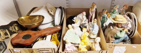 Small wooden barometer, six horse brasses on a part harness, some weighing scales, an enamel chamber