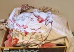 Two pairs of pale pink velvet curtains (faded) and a large single curtain, possibly a door