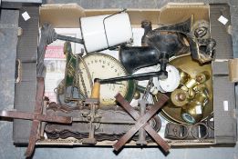 Early 20th century brass car horn, several vintage and antique bells, a black painted table