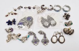 Quantity modern silver and stone set earrings to include pearl, lapis and others