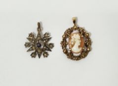 Pearl and amethyst-coloured stone pendant, star-shaped with central purple stone, marked to
