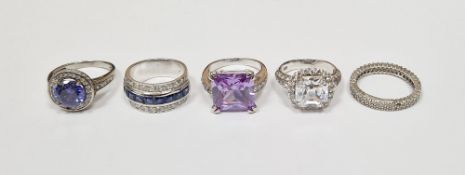 Silver and crystal cluster ring set large square faceted centre stone, a silver and white stone