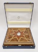 Pedro Duran silver chess set housed in a walnut and mahogany inlaid marquetry case, the inlaid lid