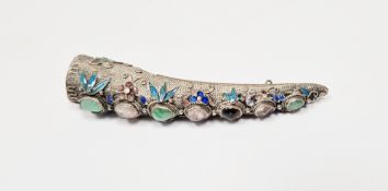 Chinese silver, enamel and stone set nail guard brooch having row of jade and semi-precious stones