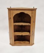 Pine wall hanging corner cupboard, three-tier, 86cm high x 63cm wide x 39cm deep