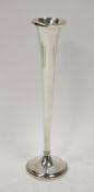 Sterling silver presentation trumpet vase of slender form and on circular base, inscribed 