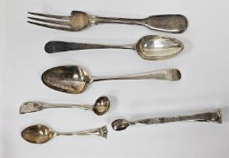 Pair Georgian silver spoon-end sugar nips, two various silver dessert spoons, Old English pattern, a