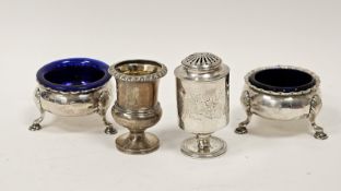 Pair of George II silver circular salts, makers mark rubbed, probably London 1743, with crimped