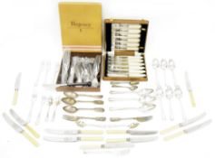 Collection of plated ware, including community plate forks and spoons, cased fish knives and