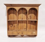 Pine wall hanging platerack with two plate shelves, on three short drawers, 92cm high x 93cm wide