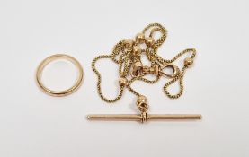 Gold-coloured metal fine chain and ball pattern albert with T-bar and swivel, 6.8g approx. and an