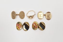 Pair of gold cufflinks of oval form, engraved with a crest within engine-turned decoration, marked