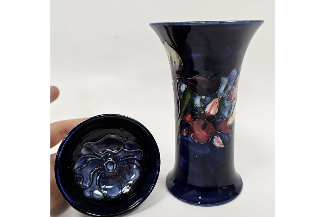 Moorcroft blue-ground Iris pattern flared cylindrical vase and a small blue trinket dish, printed - Image 2 of 4