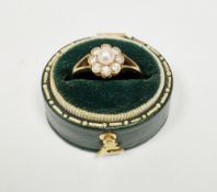 18ct gold, diamond and pearl cluster ring having central pearl surrounded by eight diamonds in