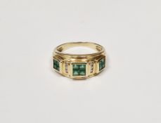 14ct gold, emerald and diamond dress ring having three squares each of four square-cut emeralds