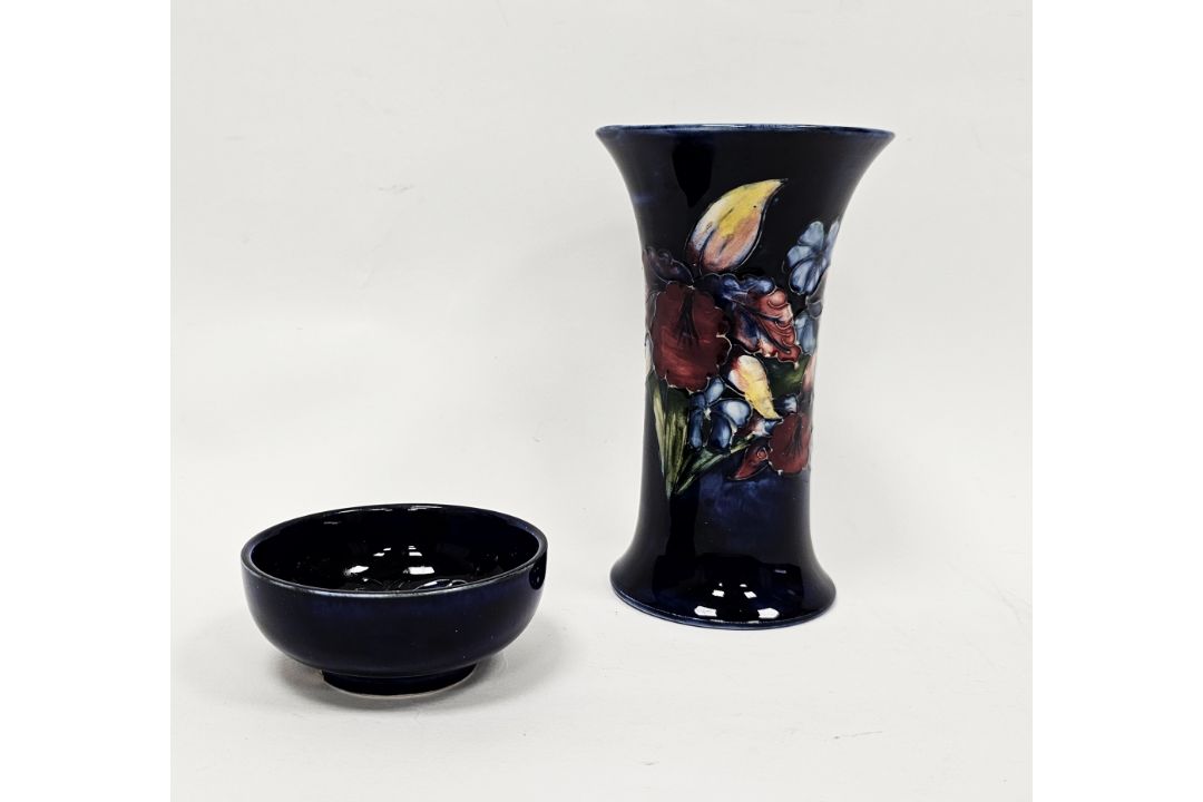 Moorcroft blue-ground Iris pattern flared cylindrical vase and a small blue trinket dish, printed - Image 1 of 4